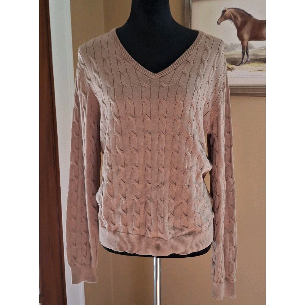 New Women Camel Cable Knit V Neck Long Sleeve 100% Cotton Sweater Size L